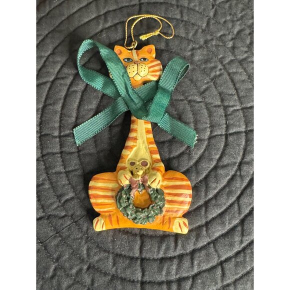 Striped Cat Christmas Ornament With Green Ribbon & Wreath - Picture 2 of 12